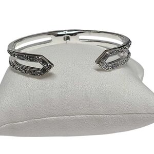Bomb Party Rhodium Hinged Cuff Bracelet Clear Baguette and Round CZ Stones NWOT